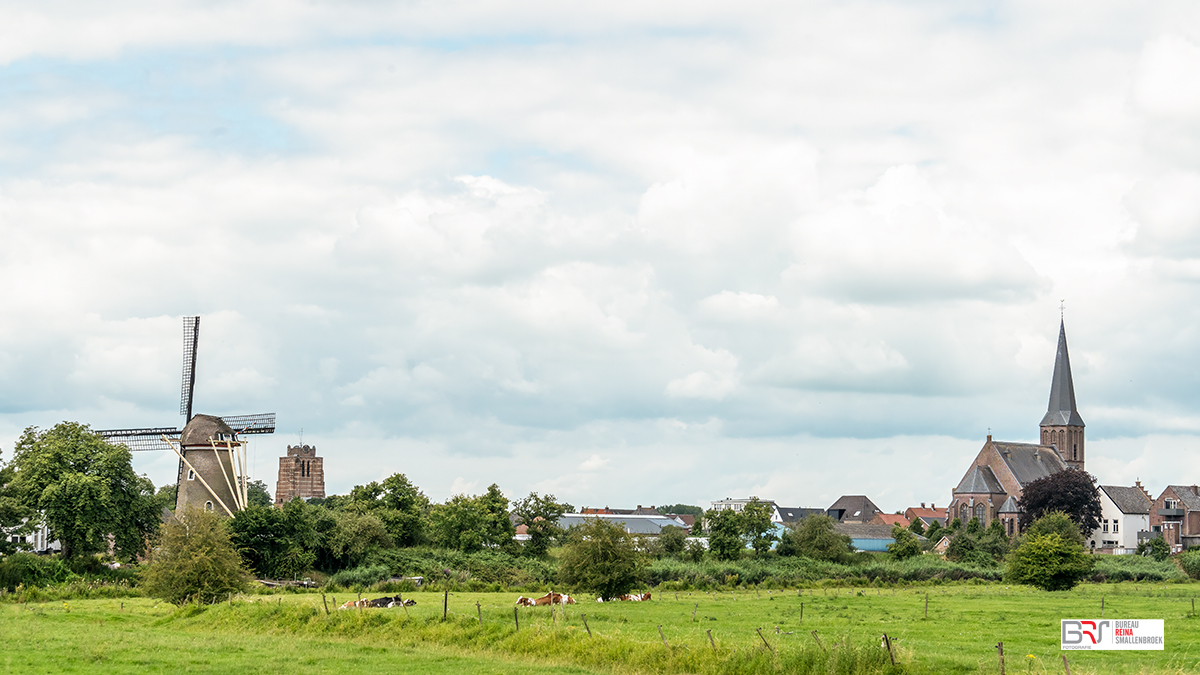 Zicht op Beesd met Molen de Vrijheid, St. Pieterskerk of Petruskerk en Kerk H. Kruisverheffing